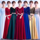 Short-sleeve Sequined Panel A-line Evening Gown