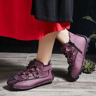 Genuine Leather Floral Panel Ankle Boots