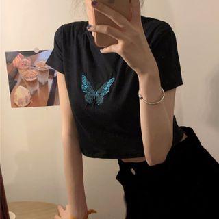 Butterfly Embroidered Cropped Top