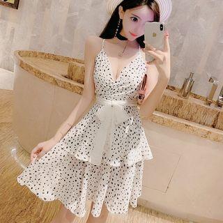 Spaghetti Strap Patterned A-line Tiered Dress