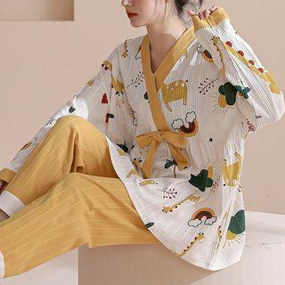 Loungewear Set : Contrast Trim Long-sleeve Bow Print Top + Pants