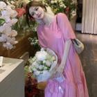 Puff-sleeve Loose Midi Dress Pink - One Size