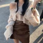 Distressed Cable Knit Sweater / Mini A-line Faux Leather Skirt