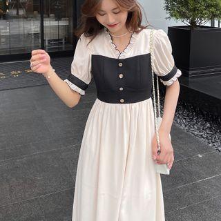 Two Tone Ruffle Button-up A-line Dress