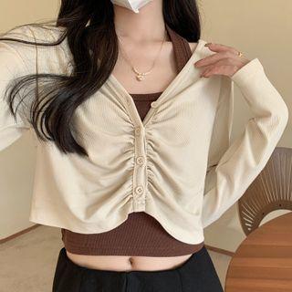 Set: Long-sleeve V-neck Crop Top + Tank Top