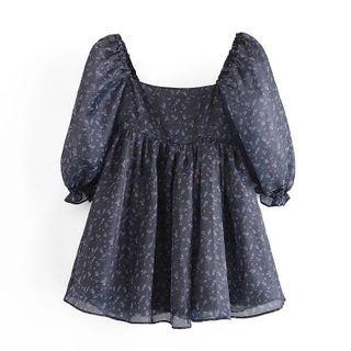 Puff-sleeve Floral Print Mesh A-line Dress