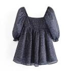 Puff-sleeve Floral Print Mesh A-line Dress