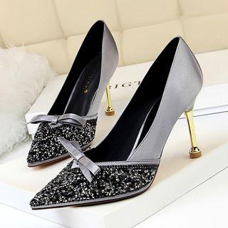 Ribbon Accent Rhinestone Panel High Heel Pumps