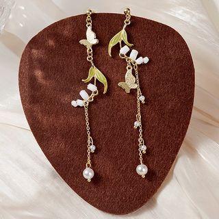 Butterfly Flower Asymmetrical Alloy Fringed Earring 1 Pair - E4303 - Gold - One Size