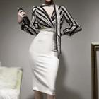 Long-sleeve Mock Two-piece Striped Cutout Midi Dress