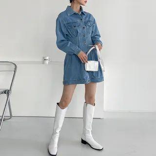 Shirred Denim Mini Shirtdress Blue - One Size