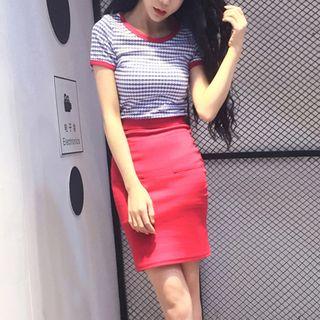 Set: Striped Short-sleeve Top + Pencil Skirt