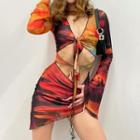 Printed Long Sleeve Tie-front Cut-out Mini Dress