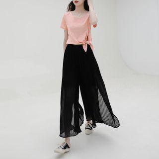 Slitted Wide-leg Chiffon Pants Black - One Size