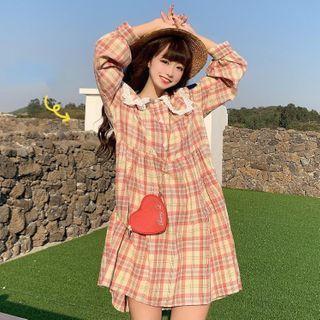 Lace Trim Plaid Long-sleeve Shift Dress