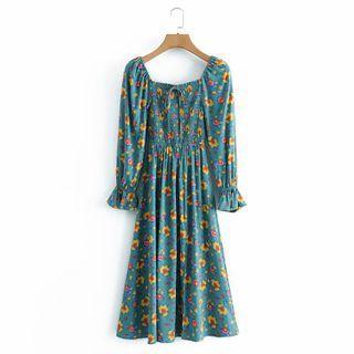 Long-sleeve Square-neck Floral Midi A-line Dress