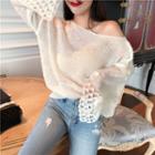 Plain Cutout-sleeve Loose-fit Sweater White - One Size