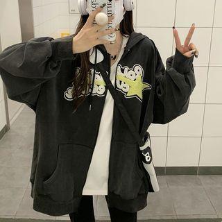 Letter Applique Hooded Zip Jacket Grayish Black - One Size