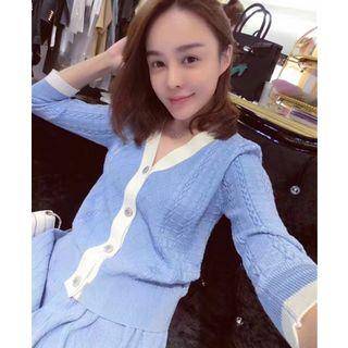 Set: Contrast Trim Cardigan + Flared Skirt