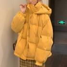 Stand-collar Plain Long-sleeve Cropped Jacket / High-waist Plaid Semi Skirt