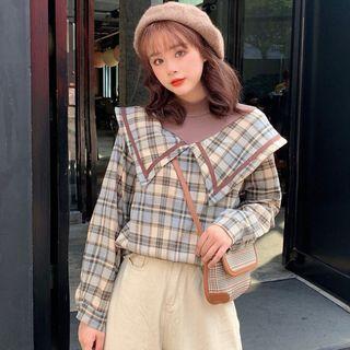 Mock Two-piece Plaid Blouse Khaki - One Size
