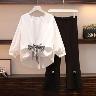 Set: Bow Accent Blouse + Boot-cut Pants