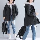 Fleece-lined Hooded Denim Jacket Dark Gray - One Size