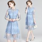 3/4-sleeve Floral Applique Mesh A-line Dress
