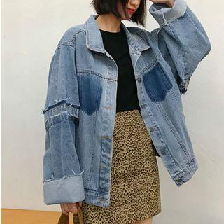 Ripped Washed Denim Jacket Dark Blue - One Size