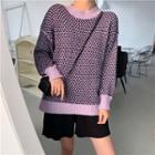 Long-sleeve Color Block Polka Dot Knit Top