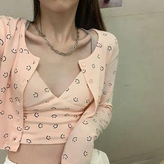Smiley Face Print Long-sleeve T-shirt / Camisole / Tube Top