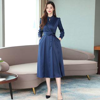 Long-sleeve Satin A-line Midi Dress