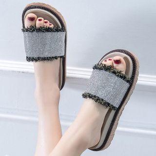 Fray Hem Platform Slide Sandals