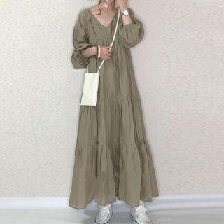 V-neck Plain Maxi A-line Dress Gray - One Size