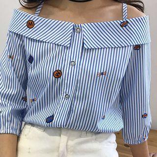 3/4-sleeve Cold Shoulder Striped Blouse