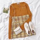 Long-sleeve Plain Knit Top / Plaid Mini Skirt