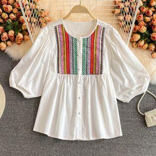 Lace Panel Embroidered Short-sleeve Blouse