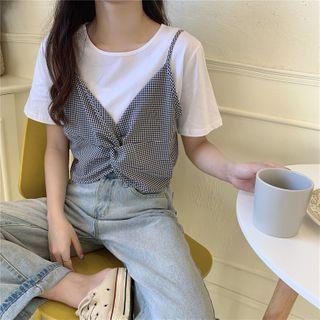 Short-sleeve Mock Two-piece Plaid Knotted T-shirt