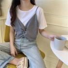 Short-sleeve Mock Two-piece Plaid Knotted T-shirt