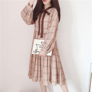 Long-sleeve Plaid Chiffon Shirt Dress