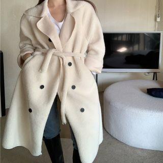 Double-breasted Tie-waist Long Coat / Long-sleeve T-shirt / Sweater