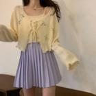 Long-sleeve Embroidered Knit Cardigan / Knit Camisole / Plain Pleated Mini Skirt
