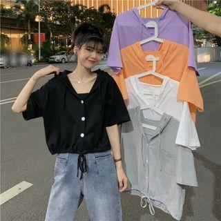 Short-sleeve V-neck Drawstring Cropped Top