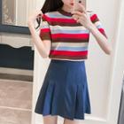 Set: Striped Short Sleeve Knit T-shirt + Pleated Skirt