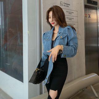 Wrap-front Crop Denim Jacket Dark Blue - One Size