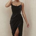 Spaghetti-strap Cowl-neck Slit Midi Bodycon Dress