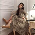 Long-sleeve Leopard Print Midi A-line Dress