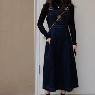 Flower Print Denim Midi A-line Overall Dress