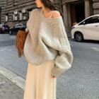 V-neck Cable Knit Sweater / Spaghetti-strap Midi A-line Dress