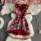 V Neck Puff Short Sleeve Embroidered Lace Dress
